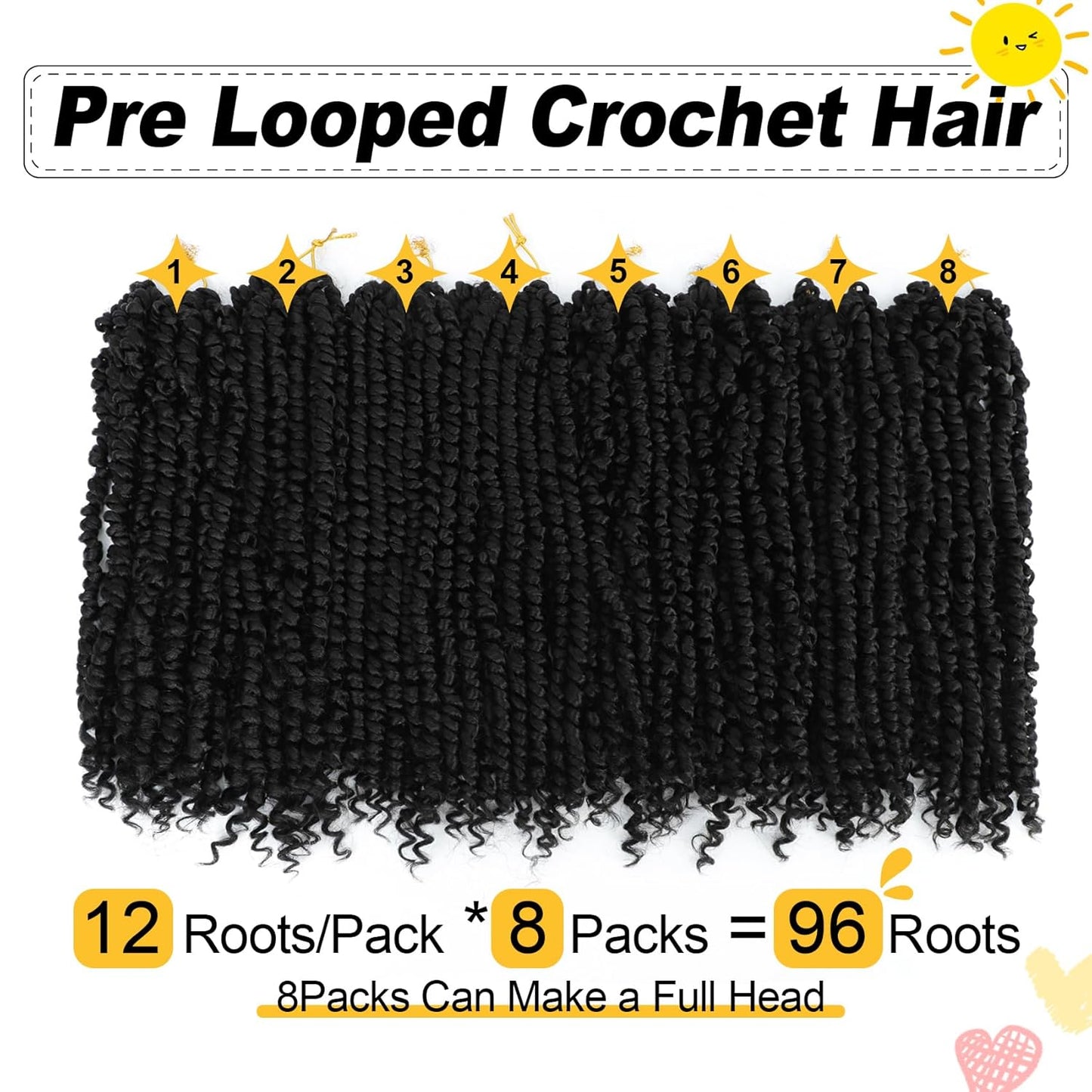 Passion Twist Crochet Hair - 14 Inch Pre-Twisted Curly Hair for Black Women | 8 Packs, Color 1B#