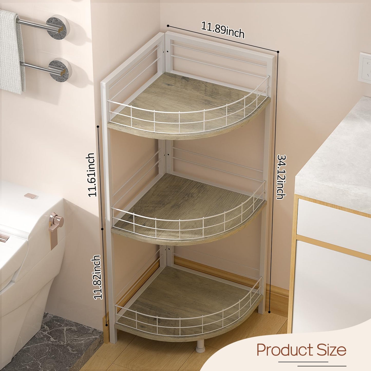 DAOUTIME Bathroom Standing Shelf, 3 Tier Free-Standing Shelf Units, Open Floor Shelves, Triangular Curved Corner Shelf Stand for Small Space, Ideal for Bathroom,Kitchen,Vanity Storage and Organizer