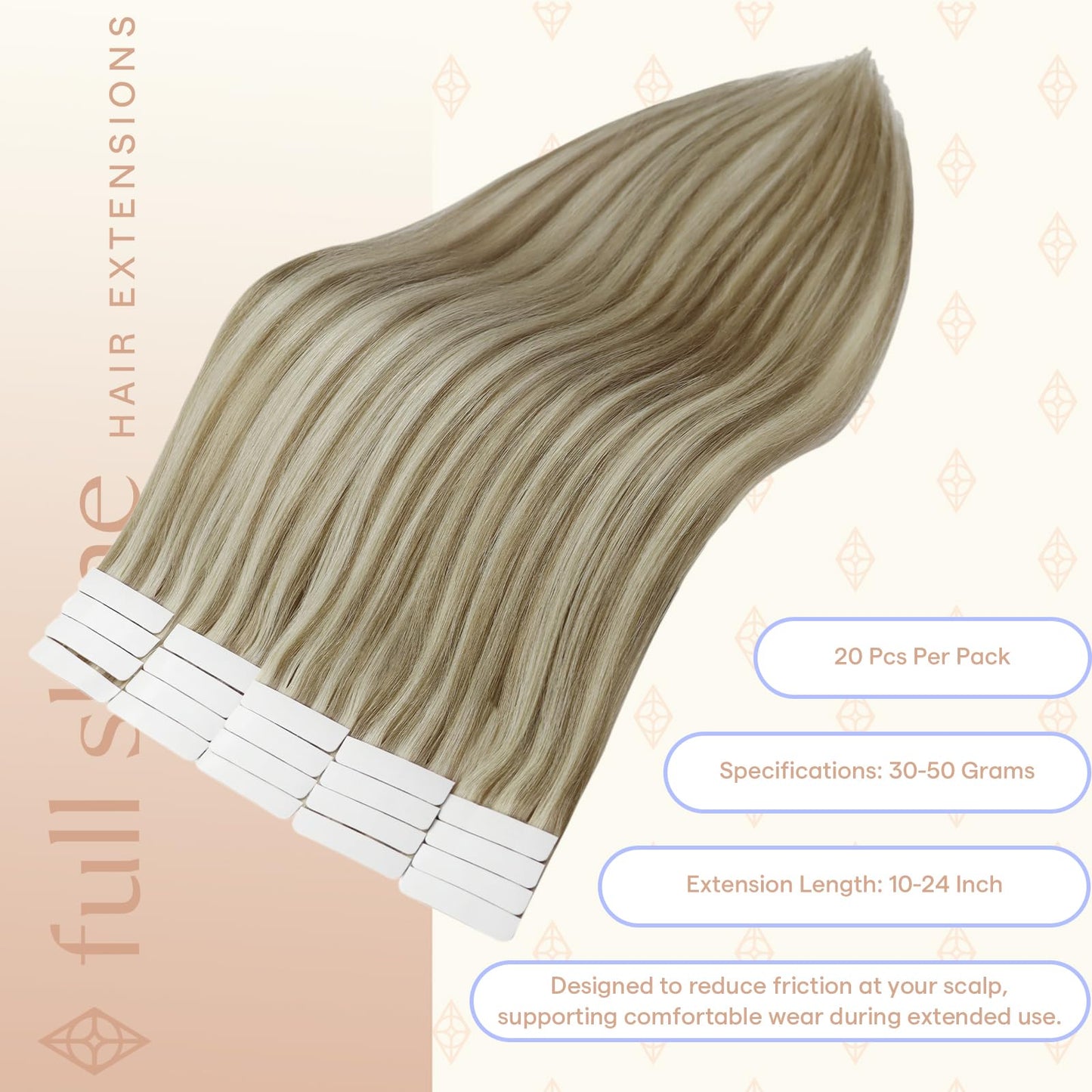 Full Shine Tape in Hair Extensions, Color 16 Desert Blonde Highlighted 22 Champagne Blonde, 18 Inch, 50g, 20PCS, Natural Invisible Tape Ins Human Hair Extensions for Wedding