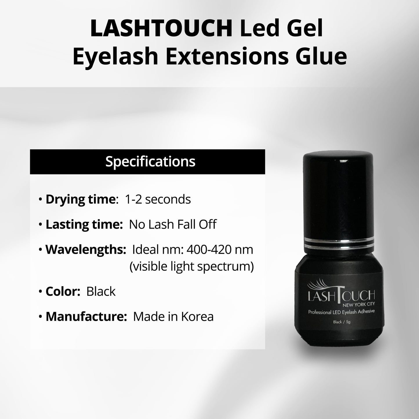 LASHTOUCH LED UV Gel Eyelash Extension Adhesive 5ml / Black LED Gel Lash Glue with LED Lamp Curing/Retention up to 10 Weeks/The Best Eyelash Salon in New York Designed