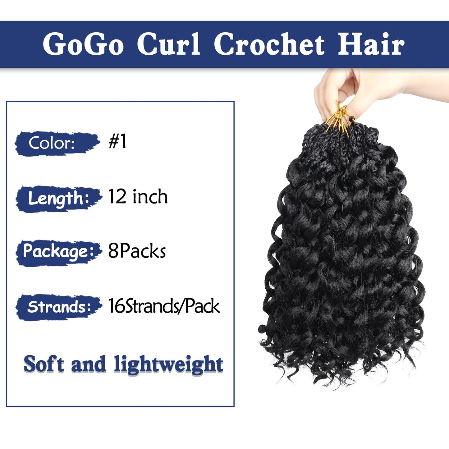 Mebeli GoGo Curl Crochet Hair,12inch Pre Looped Water Wave Beach Curl Ocean Wave Crochet Braiding Hair,8pcs Box Braids Short Curly Crochet Hair for Black Women (12inch,#1B)