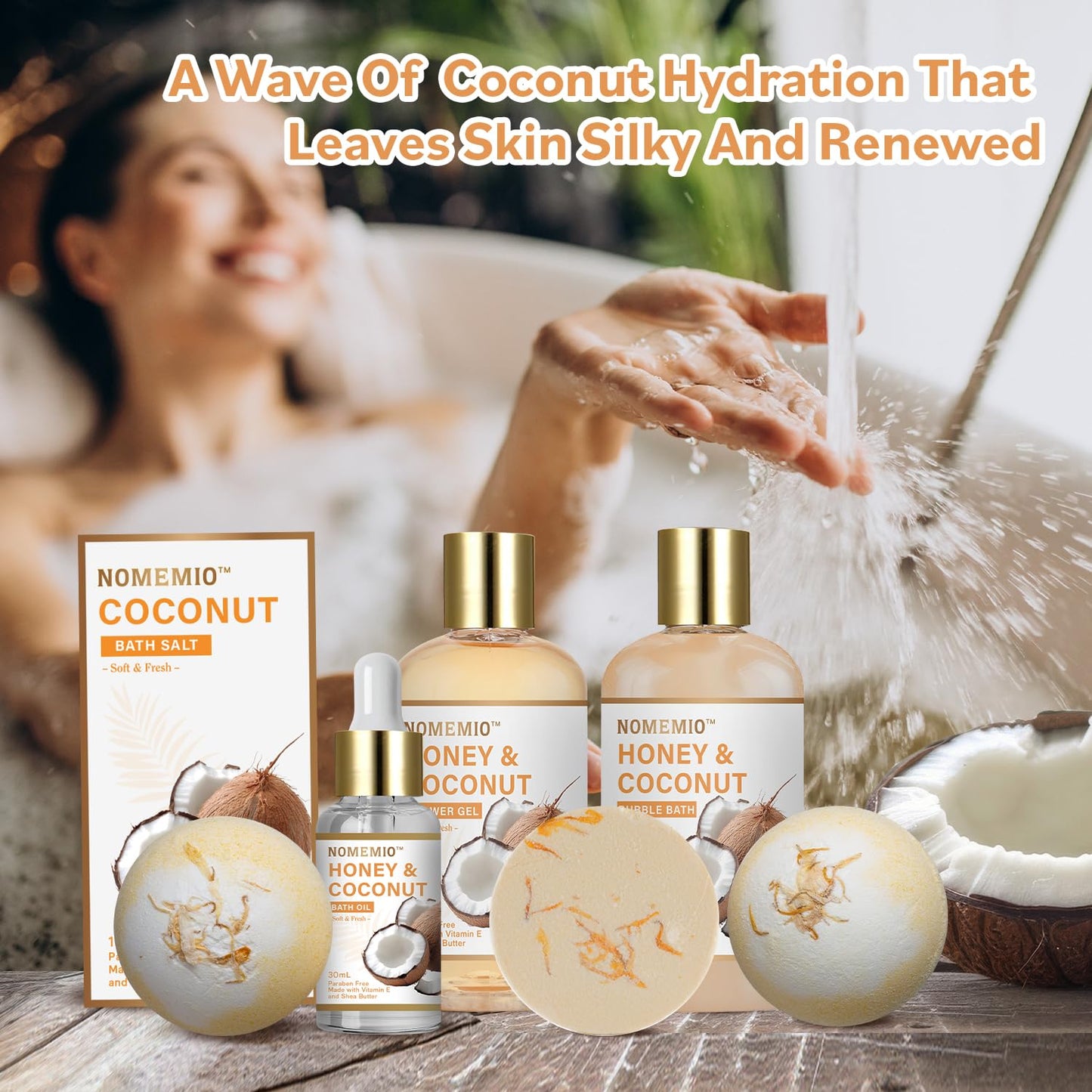 Valentine's Day Spa Gift Basket - 11pcs Honey & Coconut Luxury Bath Set | Perfect Beauty Gifts for Women & Moms