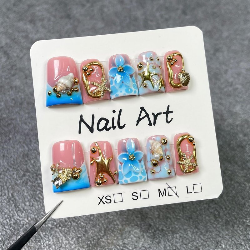Handmade Press on Nails 3D Golden Starfish Shell Fake Nails Muti-Layer Gel Acrylic Nail Blue Flower Embossed False Nails Reusable Manicure Art Full Cover Short Duck Stick on Nail for Women（S)