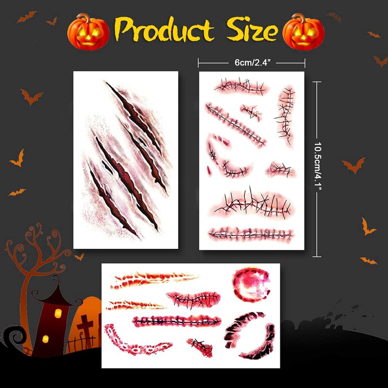 YUERWOVER 9 Sheet Body Face Temporary Tattoos Realistic Fake Wound Stitch Scar Scab Waterproof Horror Sticker Halloween Fool's Day Zombie Masquerade Prank Makeup Props for Kids Adult