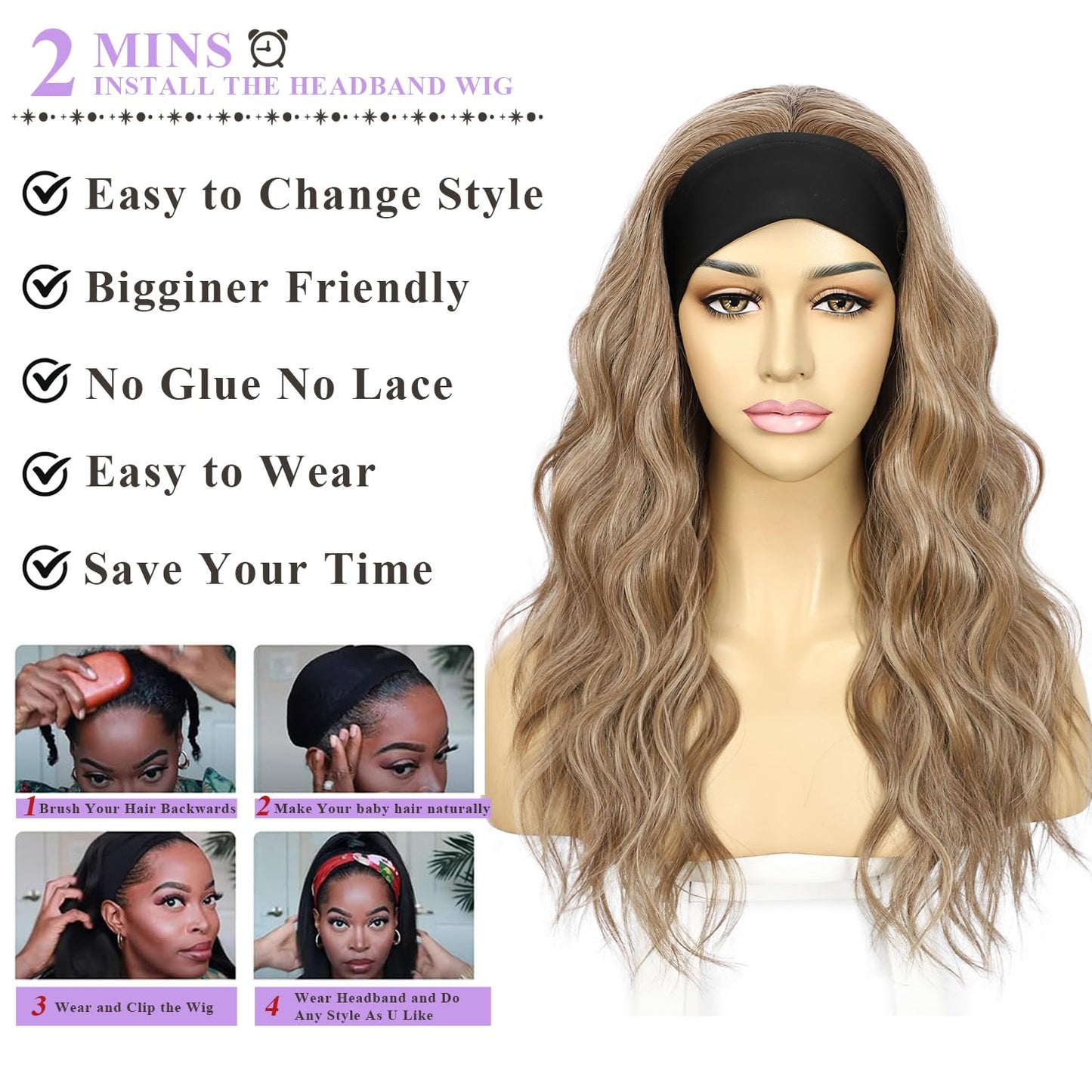 SAPPHIREWIGS Brown Headband Wigs for Women Body Wavy Headband Wigs Highlight Natural Brown Hair Put On and Go Glueless Half Wig for Women Daily Party Use 20 Inch