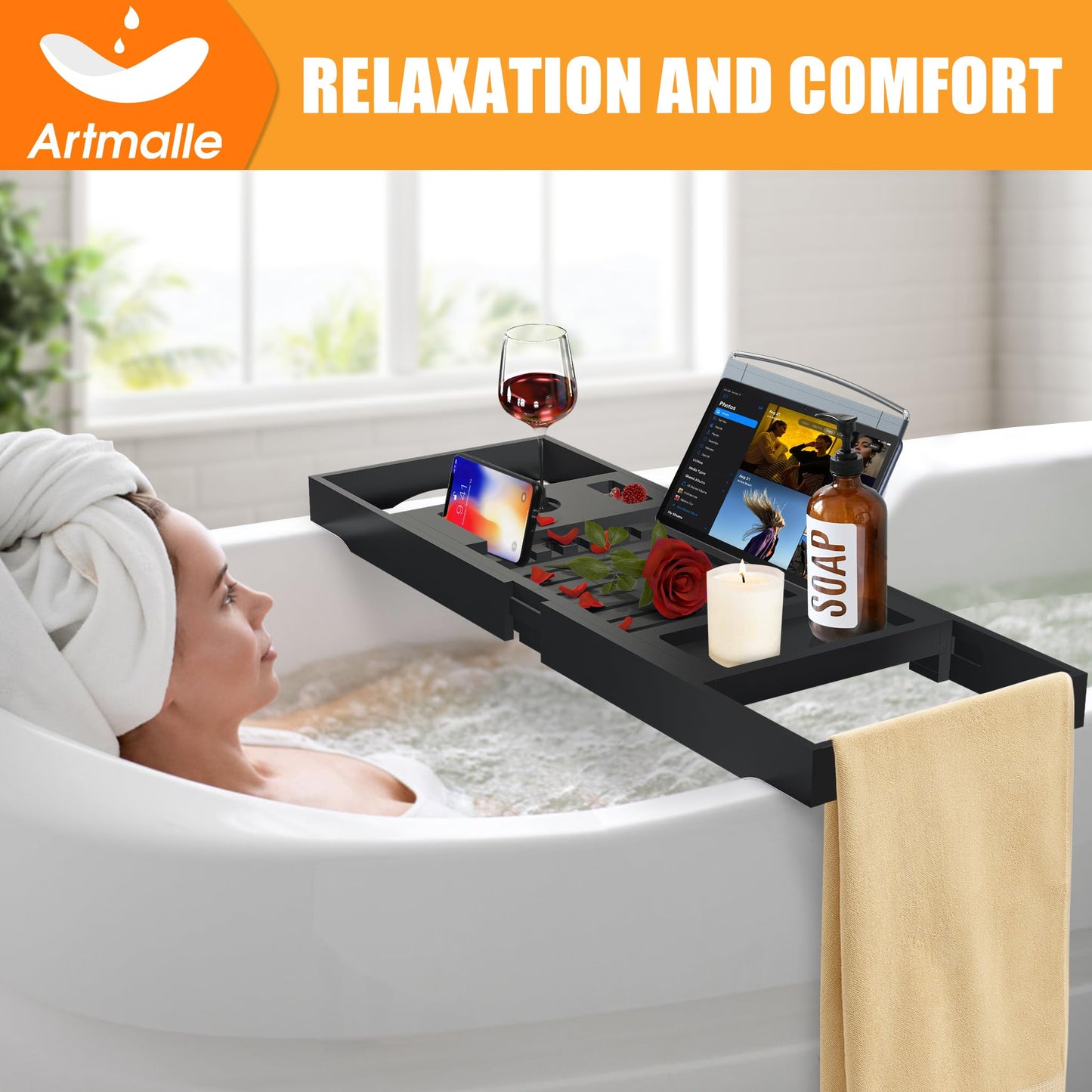 Artmalle Bathtub Caddy Tray for Tub,Foldable Bamboo Bath Table Tray with Book and Wine Glass Holder, Free Soap Dish Suitable for Luxury Spa or Reading,Natural