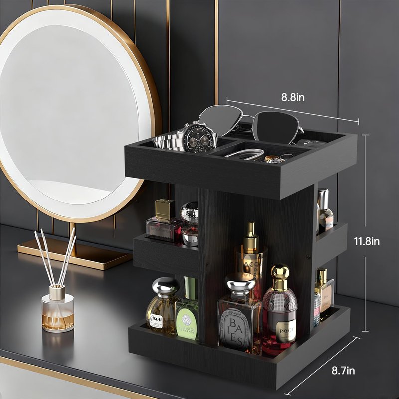 VLXXOI Cologne Organizer for Men Rotating Bathroom Counter Organizer, 3-Tier Solid Wood Storage Caddy, 360-Degree Rotating Stand, Burlywood (Black)