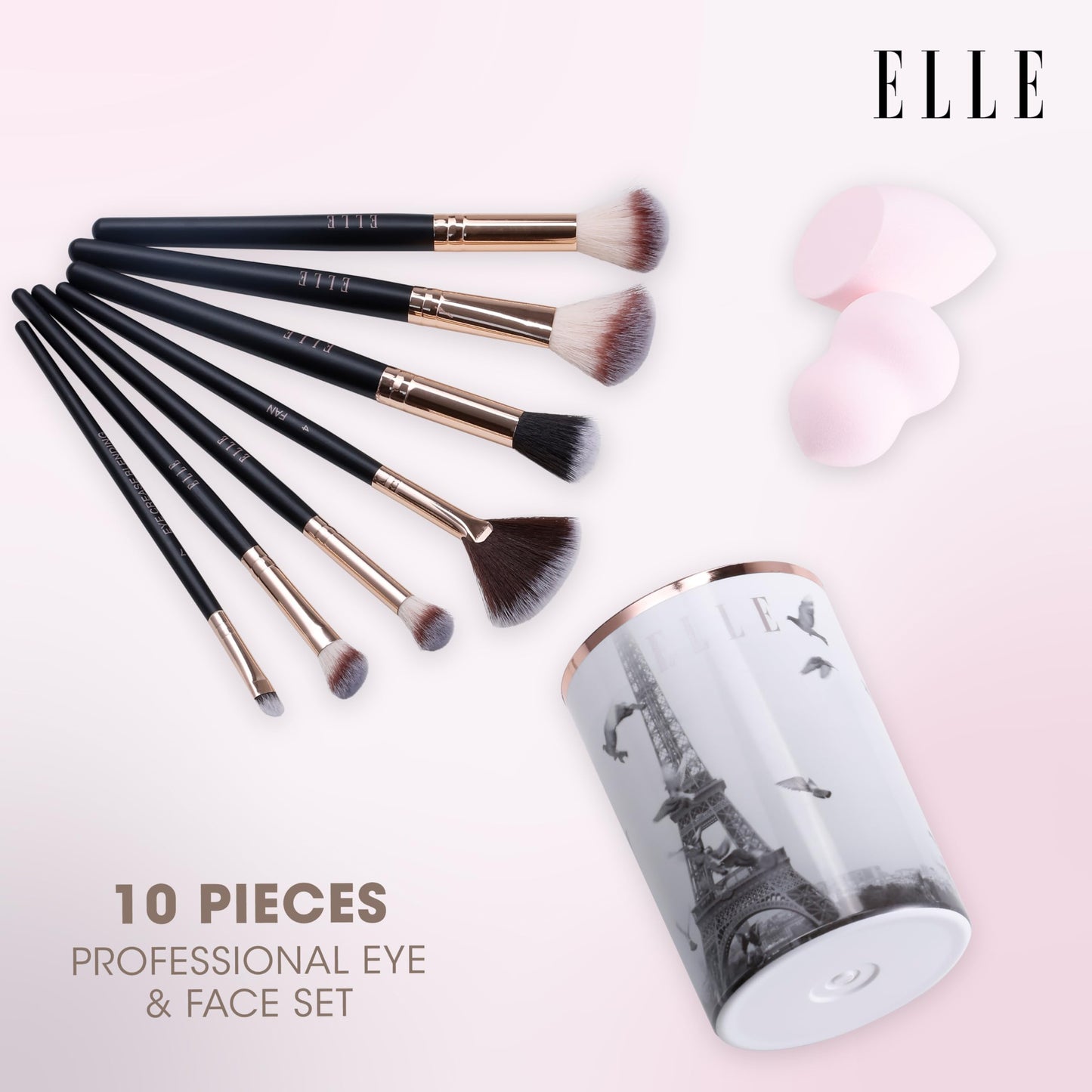 ELLE - Professional Eye & Face Set, Soft Synthetic Bristles, Travel-Friendly, 10-Piece