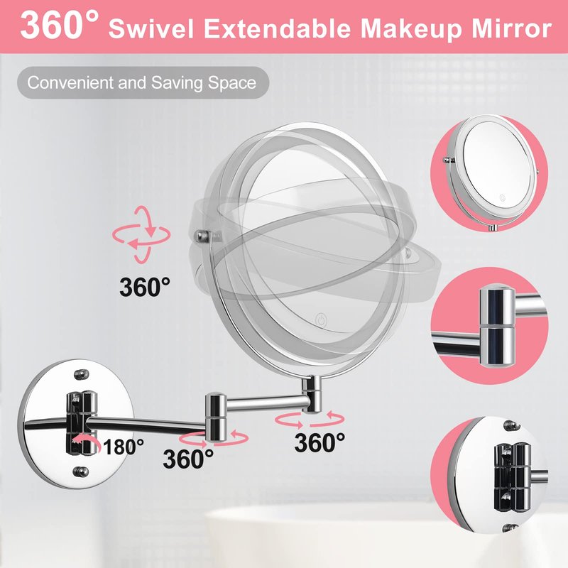 FFowcye 8" LED Wall Mounted Makeup Mirror, 1X/10X Magnifying Vanity Mirror with 3 Color Modes, 2000mAh Rechargeable 360° Swivel Extendable Arm, Polished Chrome for Bathroom Makeup, Shaving, Skincare