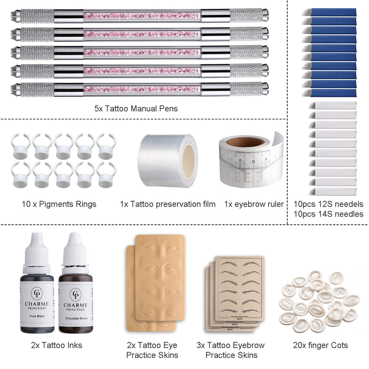 Charme Princesse Microblading Pen Kit Double Sided Manual Pen Kit with 20Pcs Needles Pigment Practice Skin Eyebrow Ruler Ring Cup for Permanent Makeup Supplies EK910S20-1