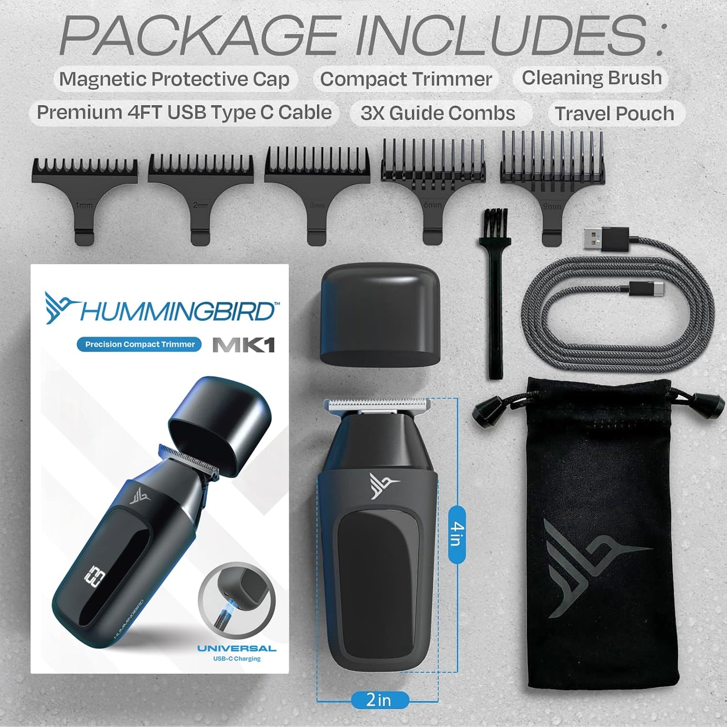 HUMMINGBIRD MK1 Compact Trimmer – Portable Electric Beard & Body Hair Trimmer for Men, Cordless USB-C Rechargeable, Face & Body Groomer, Travel Shaver, Travel Pouch, Great Gifts for Men, Dad, Husband