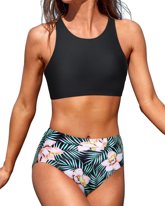 Tempt Me Black Floral Women High Waisted Bikini Two Piece Swimsuits High Neck Crop Top Racerback Sporty Bathing Suits for Teen Girls M