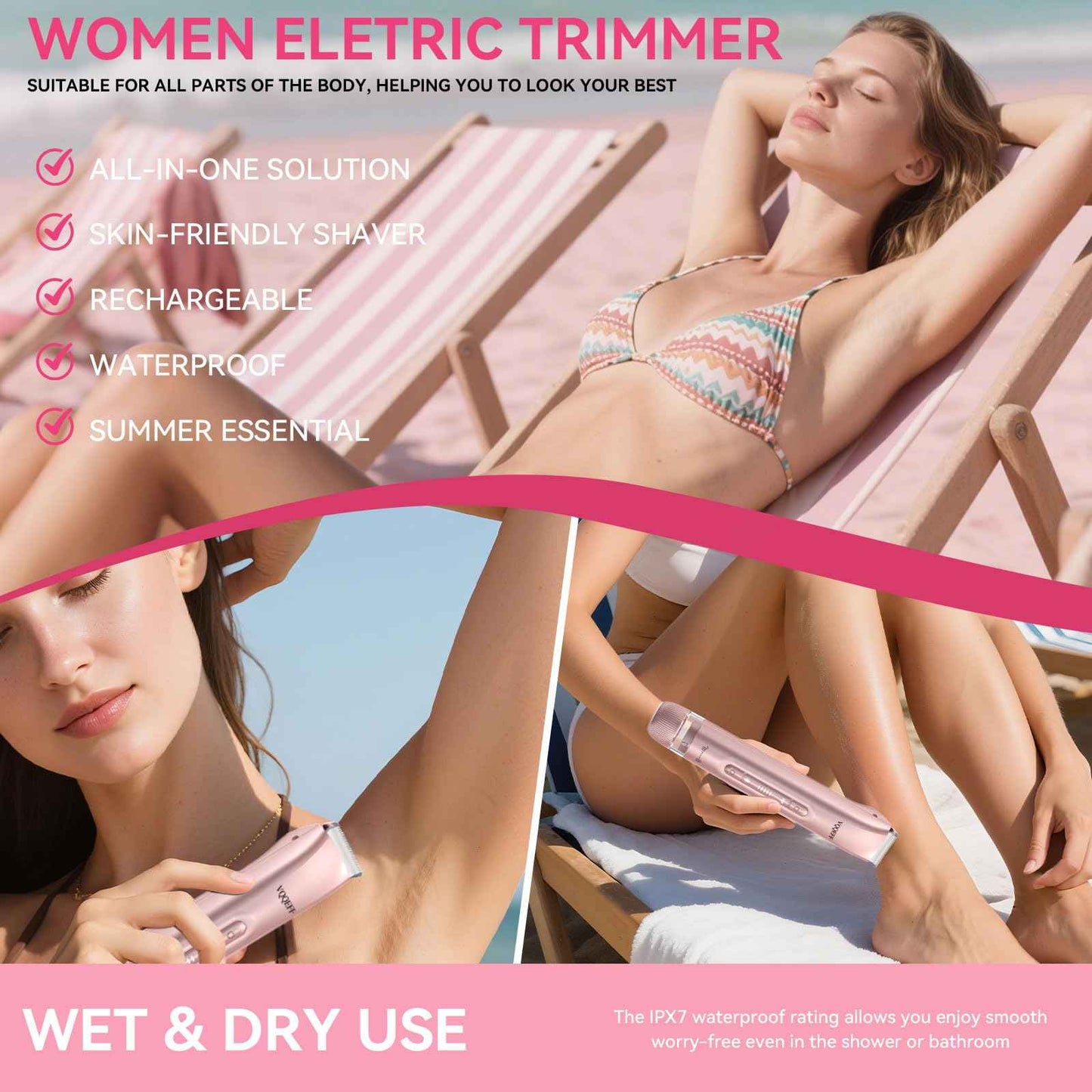 VQQEFF Bikini Trimmer for Women 2 in 1 Electric Razors IPX7 Waterproof Wet & Dry Use Womens Electric Razor Dual Head Shaver for Bikini Underarm Leg Arm Body Face, Pink