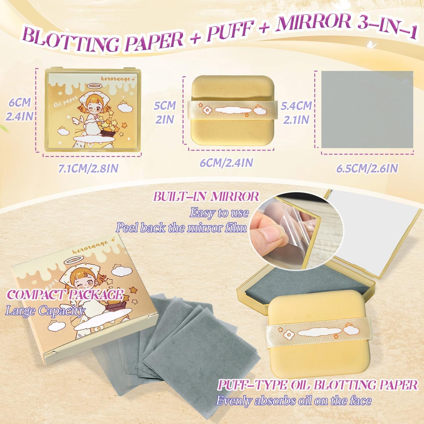 3-in-1 Oil Blotting Paper Set - 100 Sheets for Oily Skin | Portable Mirror & Adhesive Makeup Puff - Yellow