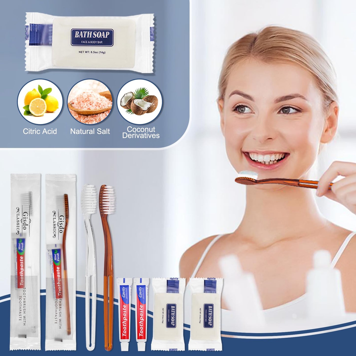 Gisdo 50 Pack Basic Toiletry Kits Disposable Toothbrushes with Toothpaste and Soap Individually Wrapped, Travel Personal Hygiene Kit for Hotel Amenities, Airbnb Hosts, Homeless, Travel & Camping