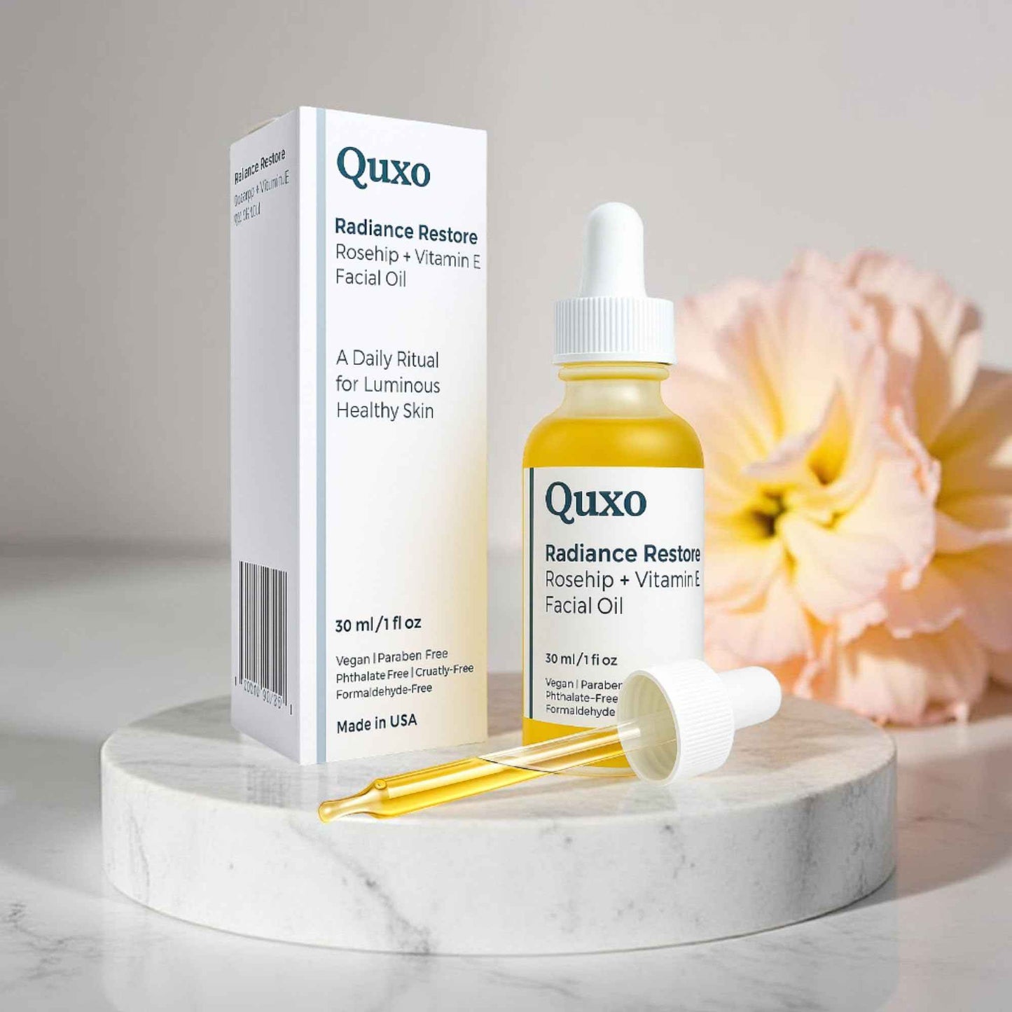 Quxo Radiance Restore Rosehip & Vitamin E Facial Oil for Face, Neck & Décolleté – Lightweight Nourishing Formula – Non-Greasy, Fast-Absorbing, Vegan, Fragrance-Free – 30ml