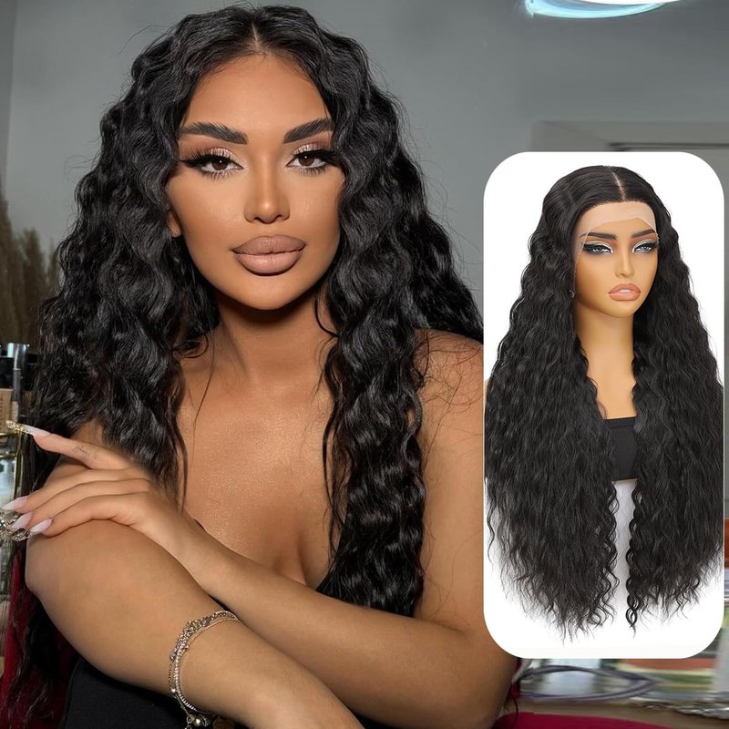 Civrie 30 Inch Long Curly Synthetic Hair Wigs for Balck Women,13x4x1 Deep Water Wave Lace Front Wig,Simulated Scalp Natural Loose Deep Wave Crimps Curly Wig As Hair Replacement Wigs