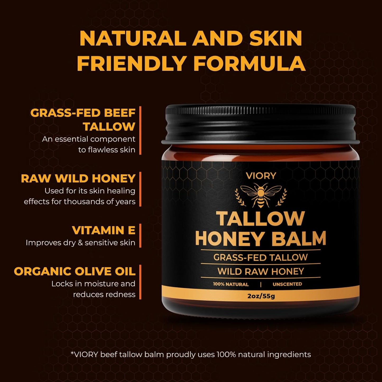 Tallow and Honey Balm for Face - 100% Organic Grass-Fed Beef Tallow & Raw Wild Honey | Moisturizer for Dry & Sensitive Skin (Unscented)
