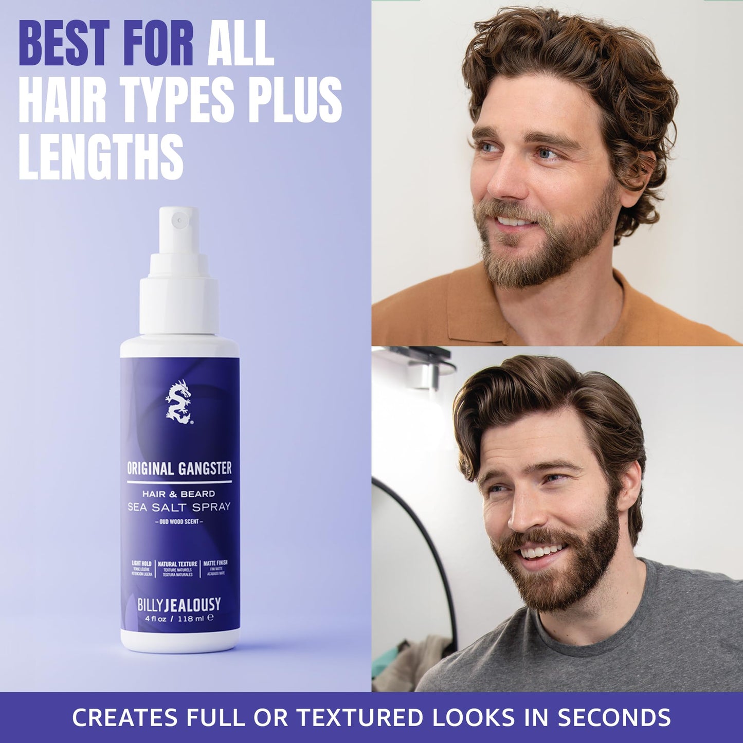 Billy Jealousy Sea Salt Spray, Texturizing and Volumizing Hair Spray for All Hair Types and Beard Lengths, Oud Wood Scent, Original Gangster, 4 fl. oz.