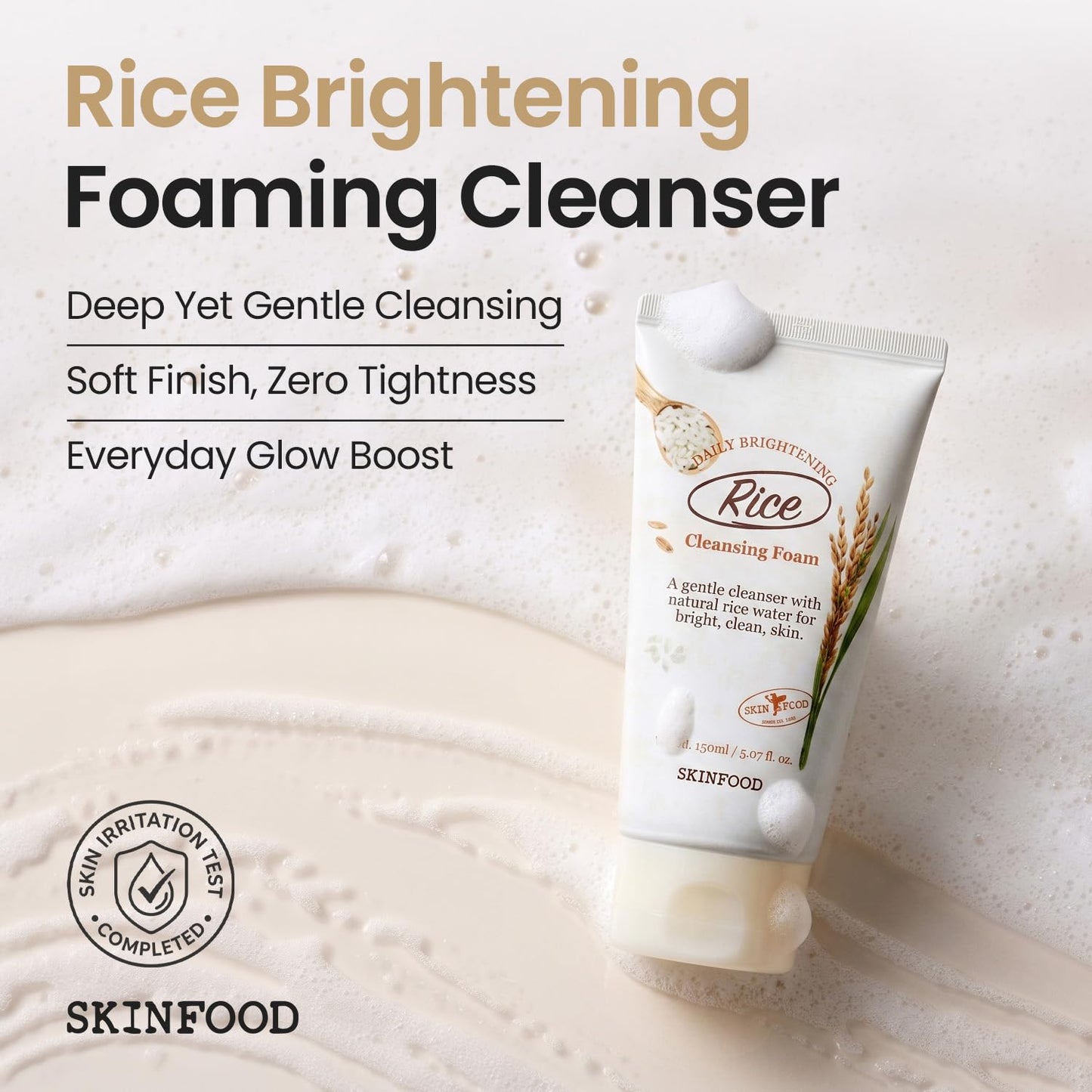 SKINFOOD Rice Daily Cleansing Foam 150ml - Delicate, Fine, and Smooth Brightening Cleansing with Fermented White Rice Ingredients - Firming Bubble Facial Foam Cleanser - For Men and Women (5.07 fl. oz.)