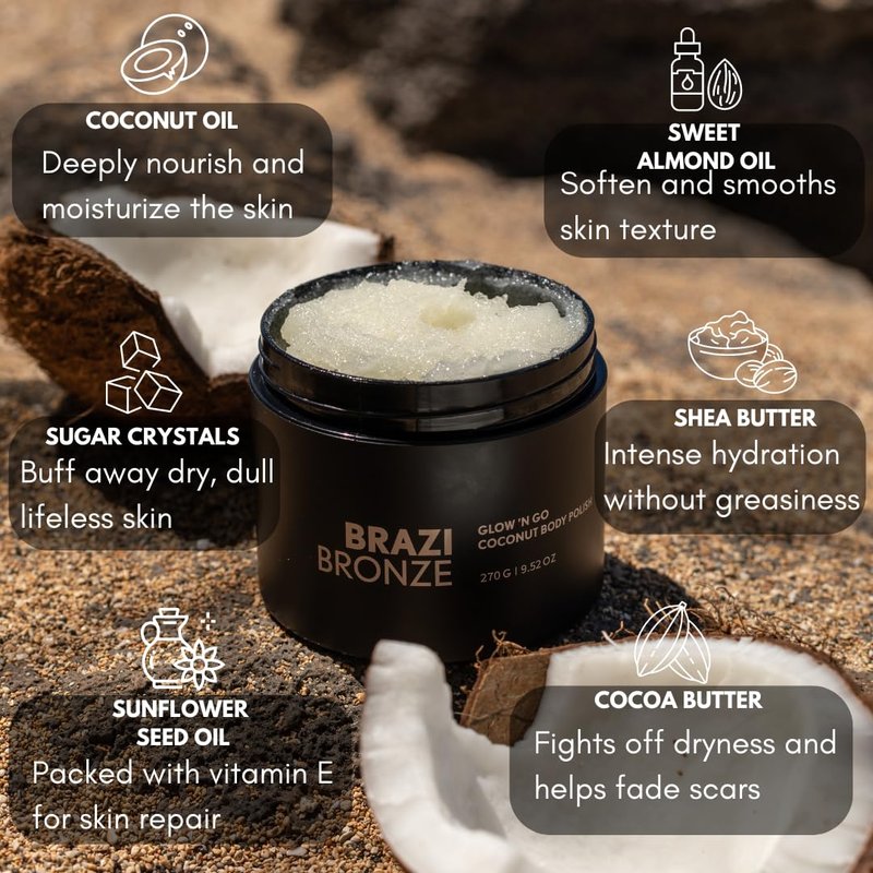 Brazi Bronze Glow n' Go Body Polish Body Scrub, Coconut Sugar Scrub with Natural Oils & Butters, Hydrating, Nourishing, Exfoliating Body Scrub, Coconut Oil, Shea Butter Scrub (9.52 oz)