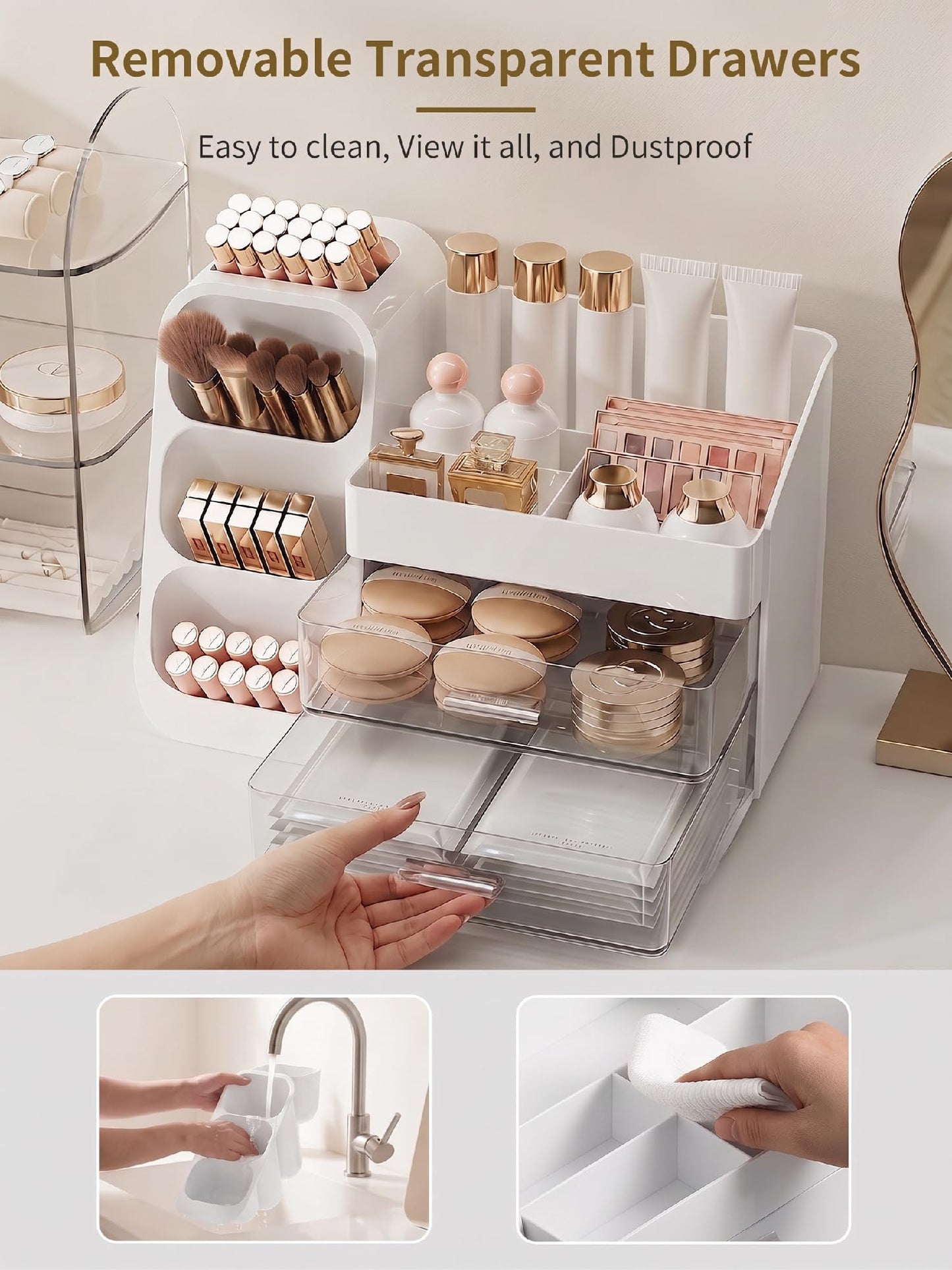 Booklov Makeup Organizer for Vanity, Large Capacity Cosmetic Display Case with Clear Acrylic Drawer, Countertop Beauty Storage Holder for Skincare, Brush Eyeshadow Lipstick Counter Desk, Crystal White