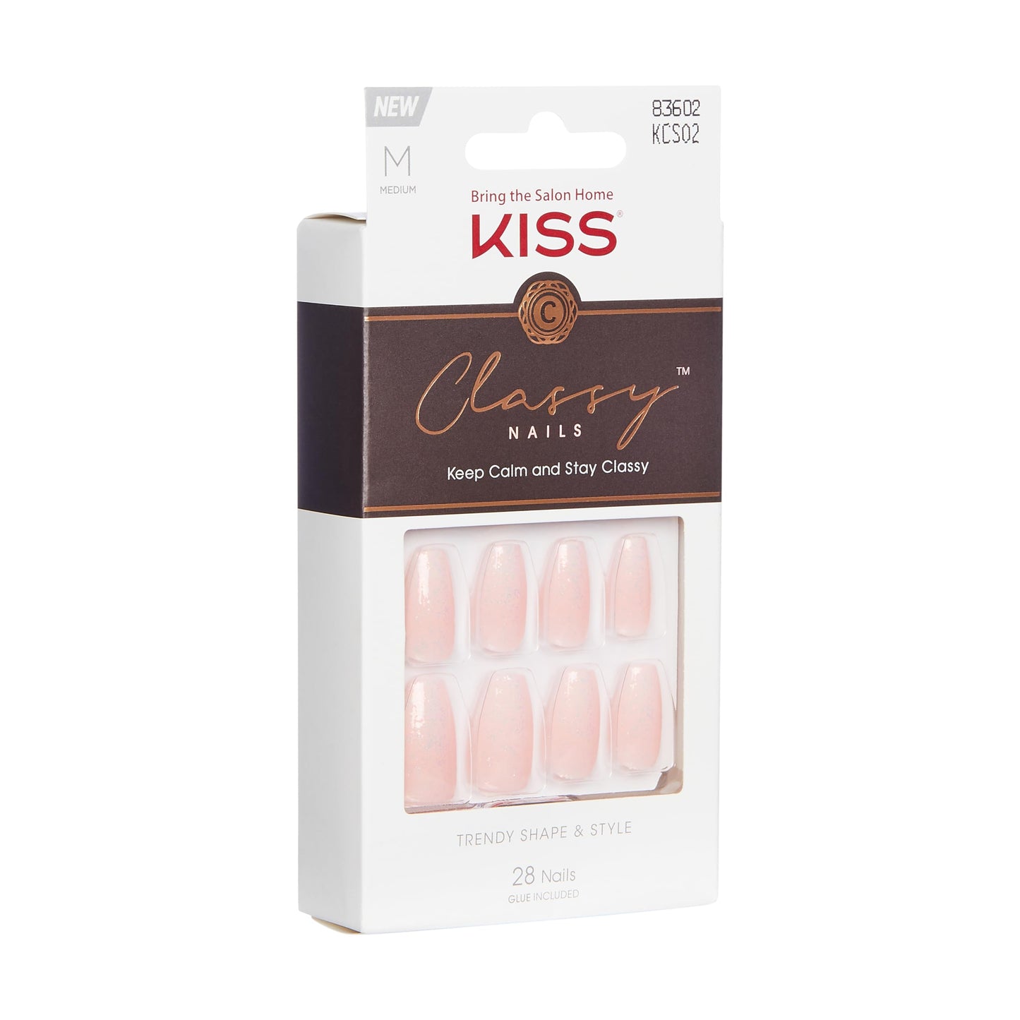 KISS Classy French Nail Manicure Kit with Gel Finish,Medium, Coffin Shaped, Includes Pink Nail Glue (Net Wt. 2 g / 0.07oz.), Mini Nail File,Manicure Stick,and 28 Fake Nails,Cozy Meets Cute', 28 Count