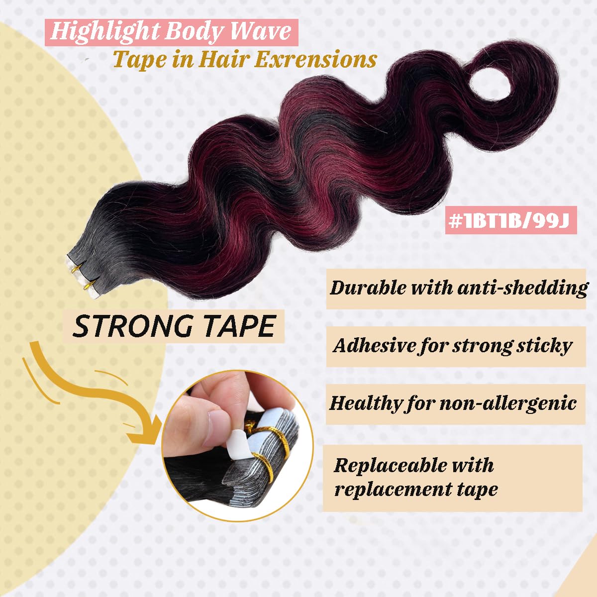 Ombre Body Wave Tape in Hair Extensions - Black to Wine Red Human Hair Balayage for Women - Burgundy Wavy Real Hair Extensions 20pcs 50g