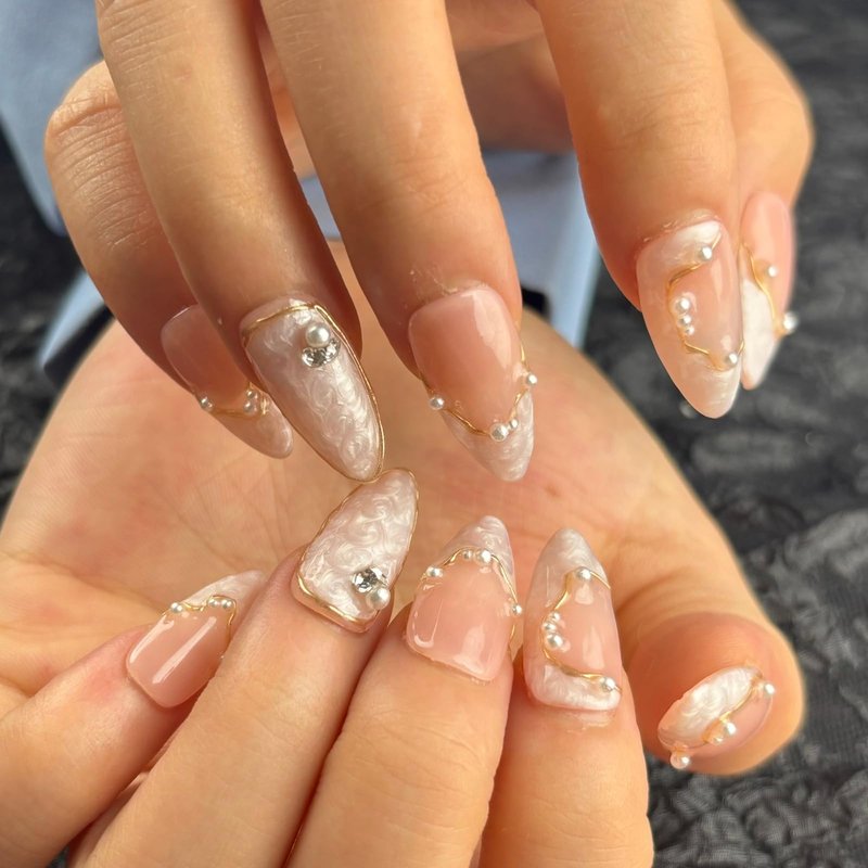 AKA Unicorn 10Pcs Handmade Press On Nails Short Almond,Nude Pink Acrylic Nails,Luxury Nail Press On with Charm Pearl Design for Wedding&Party Wear-True Love Design Concept