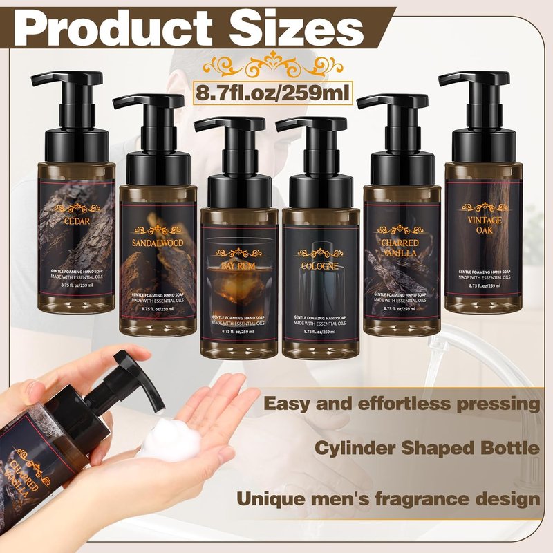 Men's Foaming Hand Soap - 6 Pack Moisturizing Liquid Foam | Cedar, Sandalwood, Bay Rum, Charred Vanilla, Vintage Oak