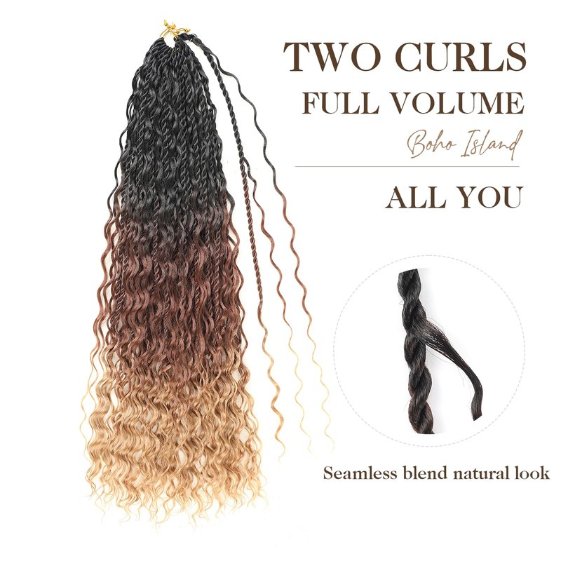 Boho lsland Twist Crochet Hair 24 Inch 8 Packs Ombre Auburn Blonde Pre-Looped Senegalese Twist Crochet Braids with Curly Ends Synthetic Goddess Twist Crochet Hair for Black Women (1B/30/27 24 INCH）