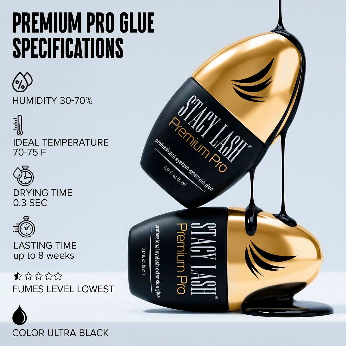 STACY LASH Premium Pro Eyelash Extension Glue 5ml 0.17 fl. oz./ Upgraded Low Fume Formula / 0.3 Sec Drying Time / 7 Week Retention/Extra Strong Black Lash Adhesive/Lash Tech Supplies