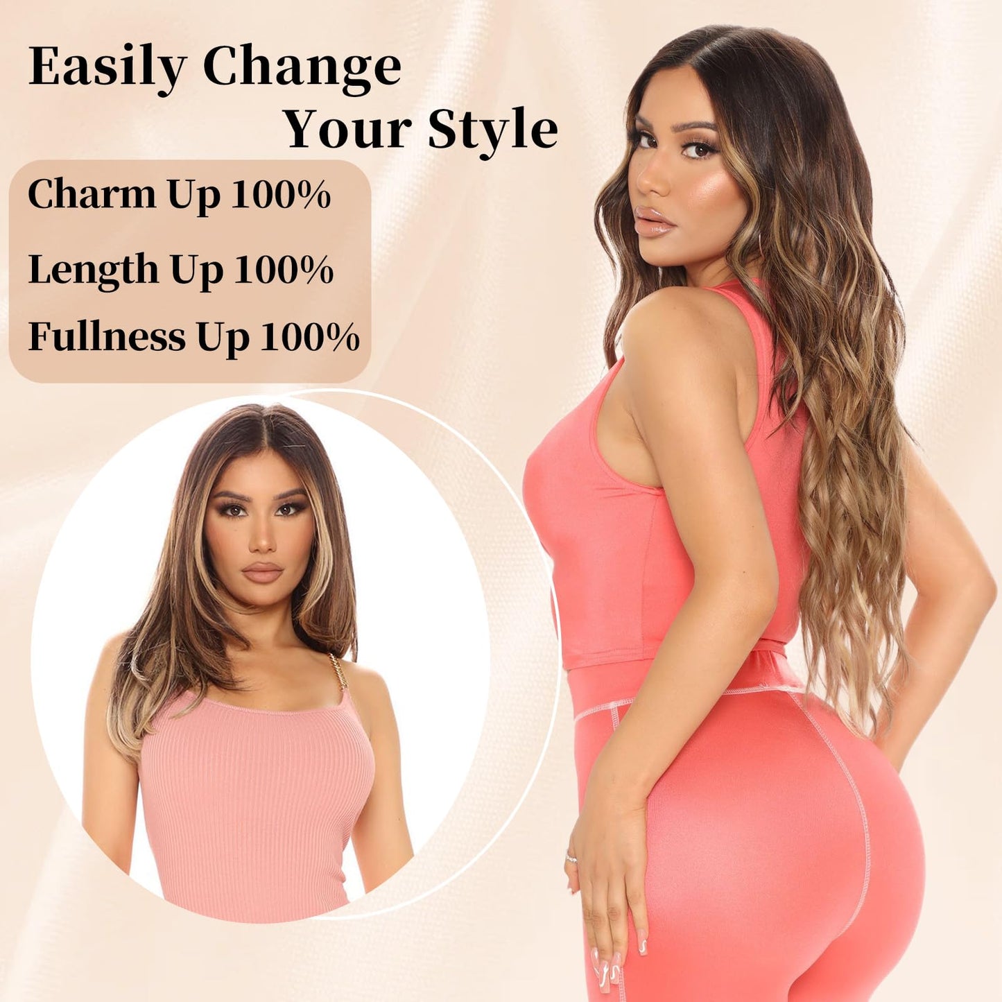 XIXIBI Long Ombre Brown Wigs for Women, Synthetic Ombre Brown to Light Brown Middle Part Curly Wavy Wigs for Daily Cosplay Use 26Inch