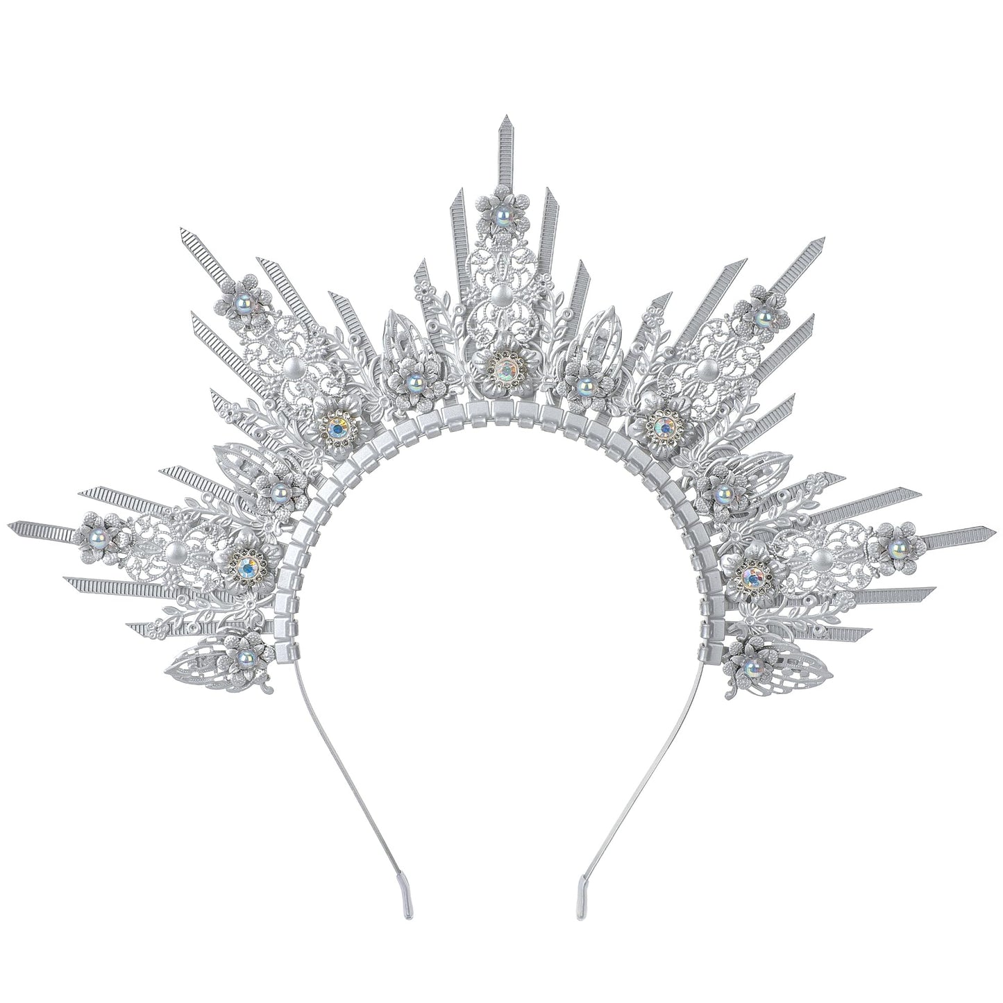 COSUCOS Silver Halo Crown Headpiece - Sunburst Spiked Sun Goddess Headband Statue of Liberty Crown, Virgin Mary Goddess Headwear for Women Renaissance Costume Halloween Pageant Cosplay Accessorice
