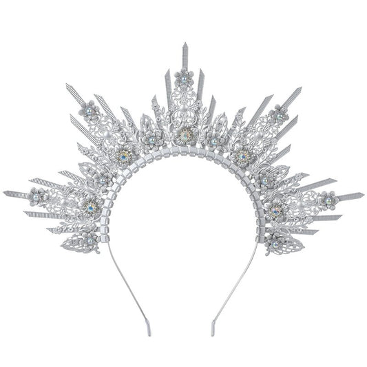 COSUCOS Silver Halo Crown Headpiece - Sunburst Spiked Sun Goddess Headband Statue of Liberty Crown, Virgin Mary Goddess Headwear for Women Renaissance Costume Halloween Pageant Cosplay Accessorice
