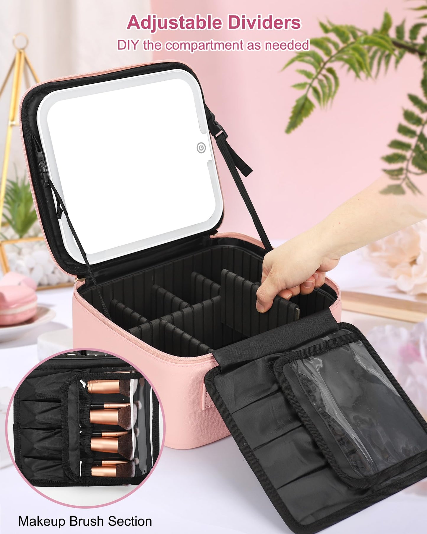 Relavel Initial Makeup Bag with LED Mirror for Women Girls, Personalized Travel Cosmetic Organizer Train Case, Birthday Gifts for Grandkids Bridesmaid Graduation Teacher Friends, Trendy Stuff, Pink H