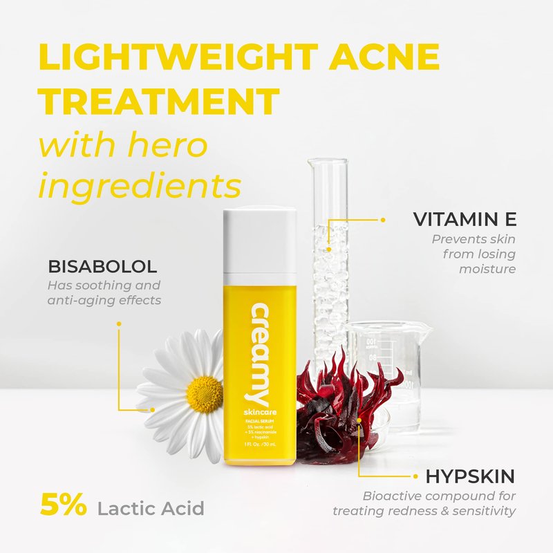Creamy Skincare Hydrating 5% Serum, Moisturizing Face-Exfoliator with 5%, 5% Niacinamide, and Hypskin, Face Serum for Dry and Dull Skin, Gentle on All Skin Types, 1 fl oz/ 30mL