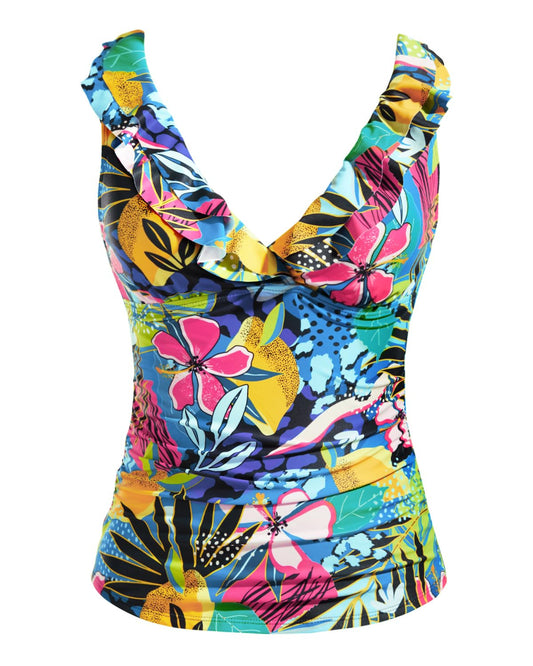 Yonique Women's Tankini Top Only Tummy Control Bathing Suit Top Ruffle Swimsuit Top V Neck Swim Tank Top No Bottom Colourful Flowers XXL