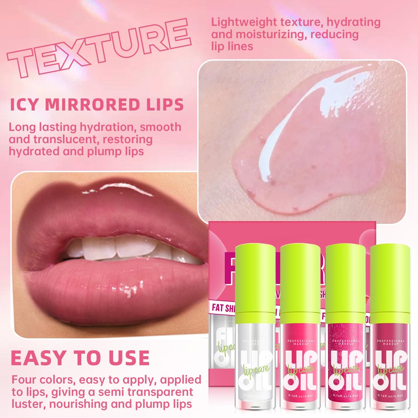 HOSAILY 4 Colors Hydrating Lip Oil Plumping + Lip Liner Set, Shiny Glow Reviver Lip Care Oil, Moisturizing Big Brush Head Clear Pink Glitter Transparent Lip Gloss Combo Makeup Present for Women