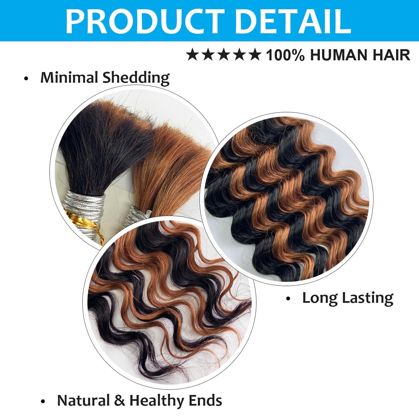 Human Braiding Hair - 16 Inch Deep Wave Bulk for Boho Braids | 1B/30 Black Mix Brown
