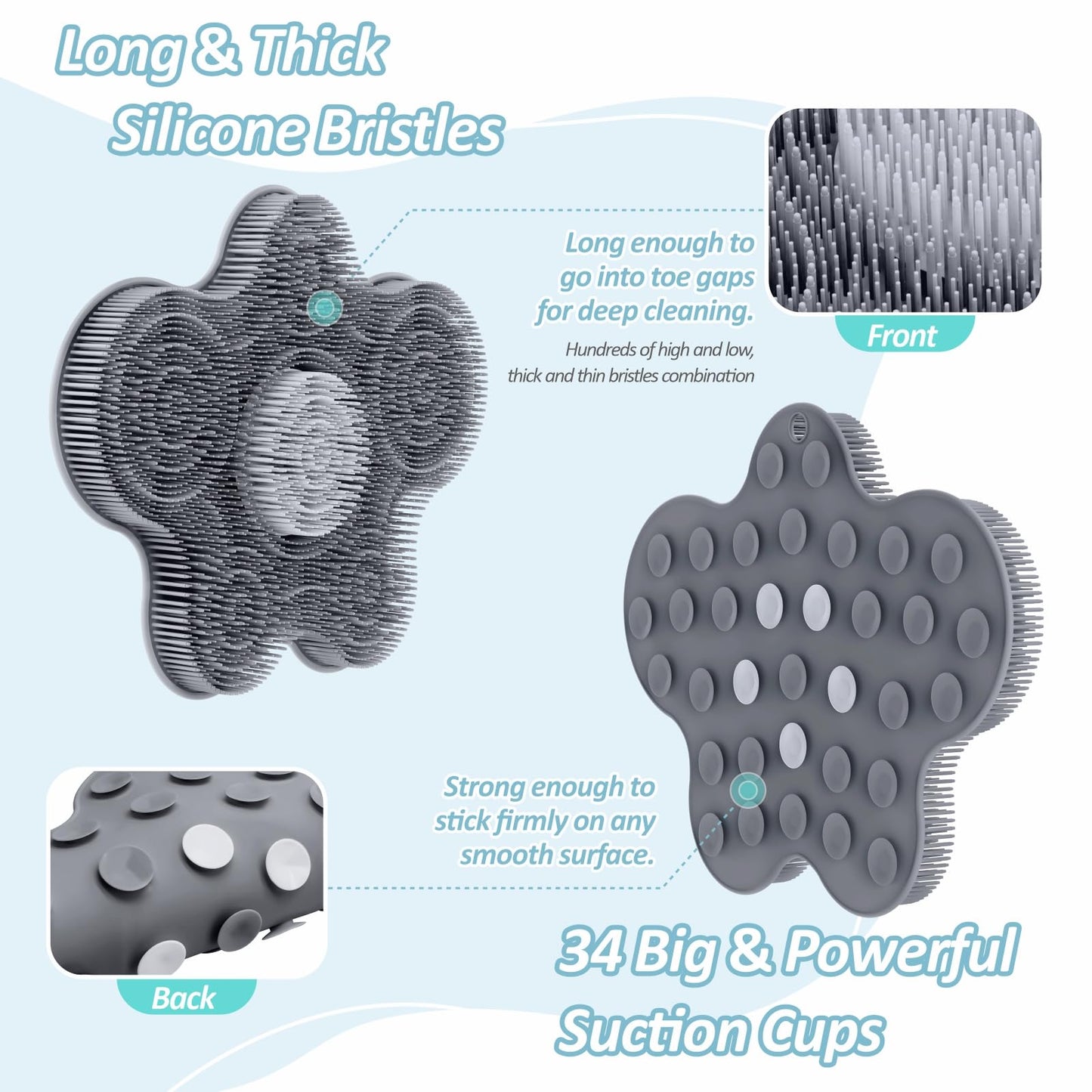 GEENOA Upgrade Silicone Shower Foot Scrubber Mat & Silicone Bath Brush Set, Large Wall-Mounted Back Scrubber Back Washer to Clean, Exfoliate and Massage Without Bending(Gray+Soft Brush)