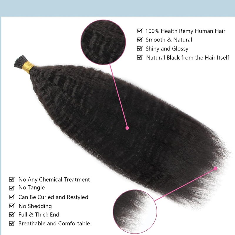 Kinky Straight Hair Extensions for Black Women - 14 Inch Remy Human Hair | 50 Strands I-Tips