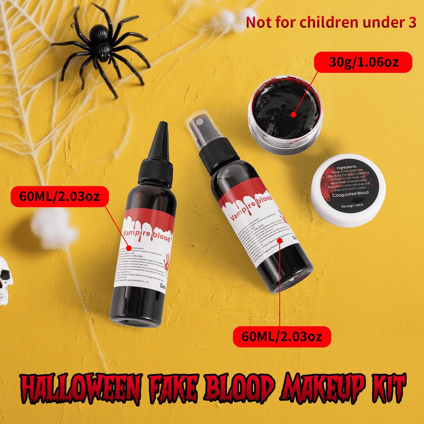 Halloween Fake Blood Kit 3PCS, Blood Spray, Gel Blood & Dripping Blood