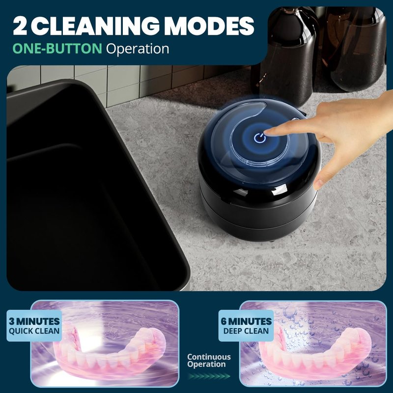 Ultrasonic Cleaner for Retainers & Dentures - Black 45kHz Deep Cleaning Technology, 2 Timer Modes (3/6 Min), Portable 180ML Stainless Steel Tank for Dental Care & Jewelry