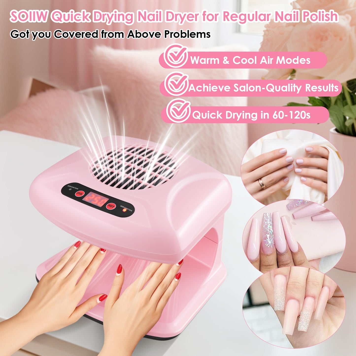 Soiiw Nail Dryer Professional 300W Quick Drying Gentle Nail Dryer Fan for Regular Polish Acrylic Dip Powder Nail Dehydrator Primer with Hot & Cold Air Nail Tech for Home Salon