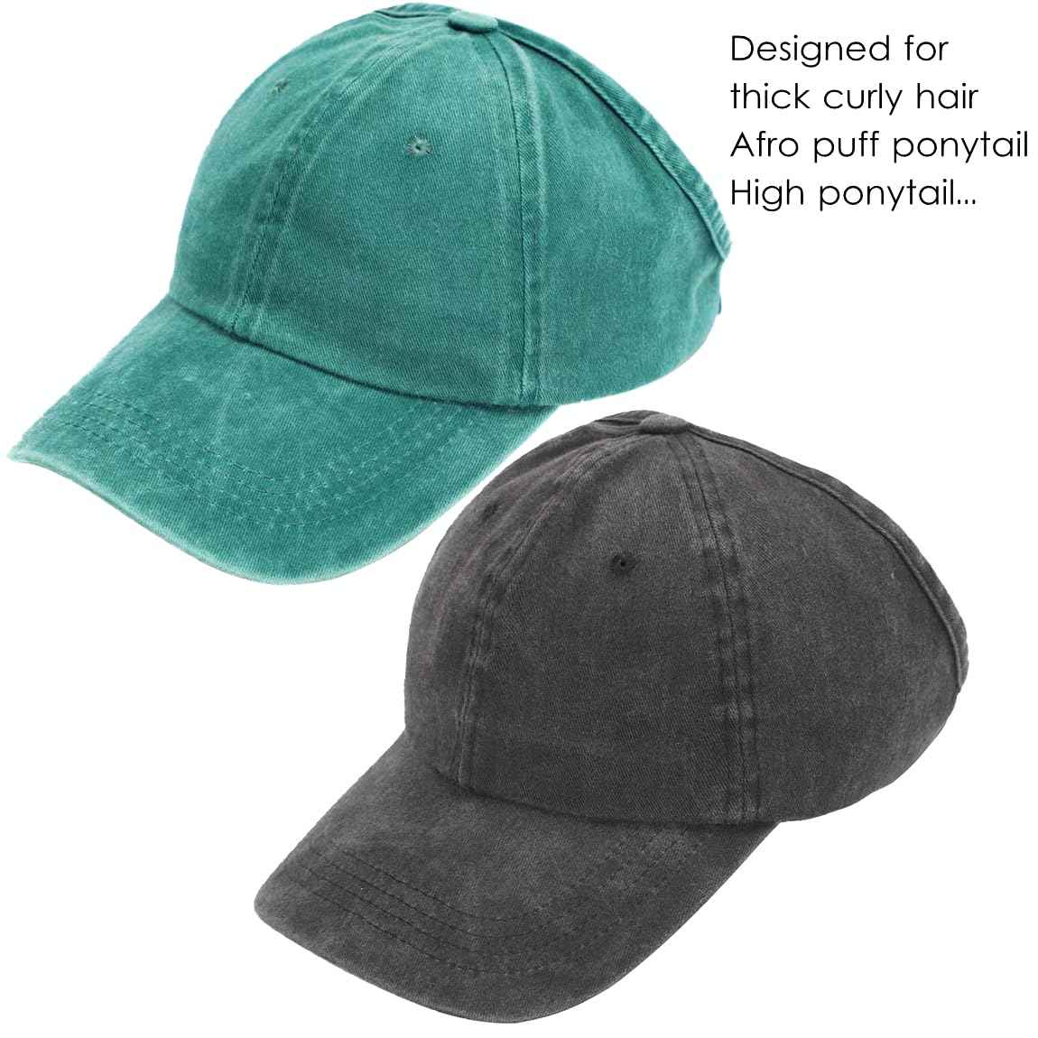 Degfey Women's Backless Baseball Caps for Curly Hair, Satin Lined, 2 Pack (US, Alpha, One Size, Medium, Black+Green)