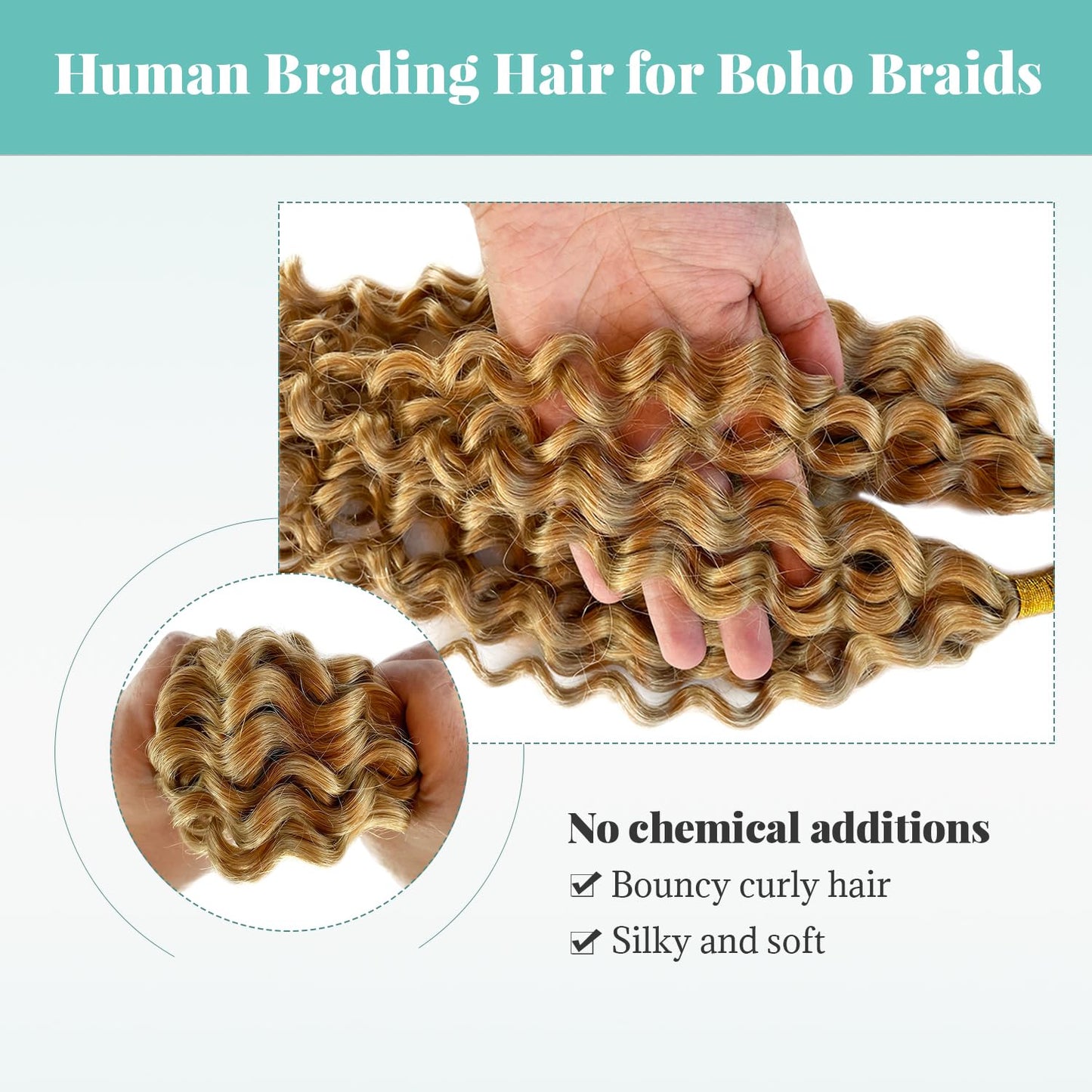 Deep Water Wave Bulk Human Braiding Hair #27 Honey Blonde Curly Braiding Hair for Boho Braids 18 Inch 100G 2 Bundles No Weft Wet and Wavy Brazilian Virgin Human Hair Extensions for Black Women
