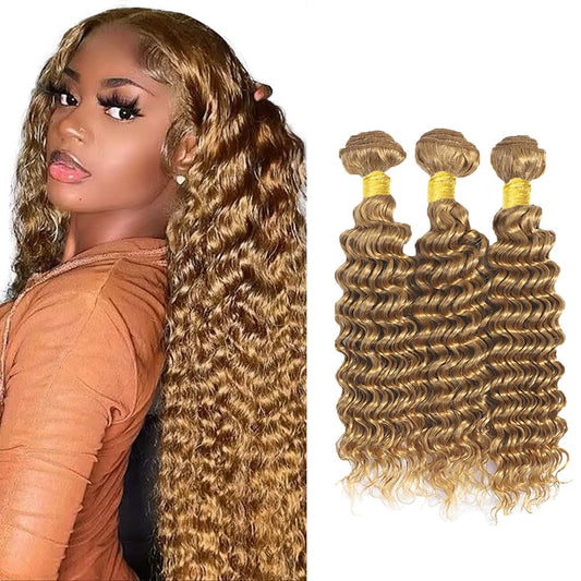 Honey Blonde Human Hair Bundles Color 27 Deep Wave Bundles Human Hair Unprocessed Brazilian Virgin Hair 3 Bundles 12 14 16 Inch Honey Blonde Deep Wave Bundles