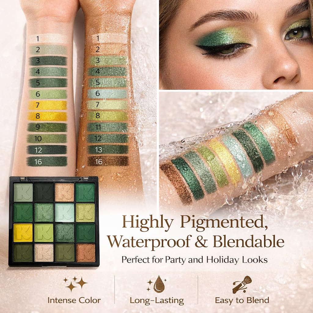 K'APEINE Green Eyeshadow Palette, Matte Glitter Eye Shadow Palette Pigmented Eye Makeup Palette 16 Colors Goth Eyeshade Kit for Rave Parties, Music Festival, Performance, Costume and Halloween