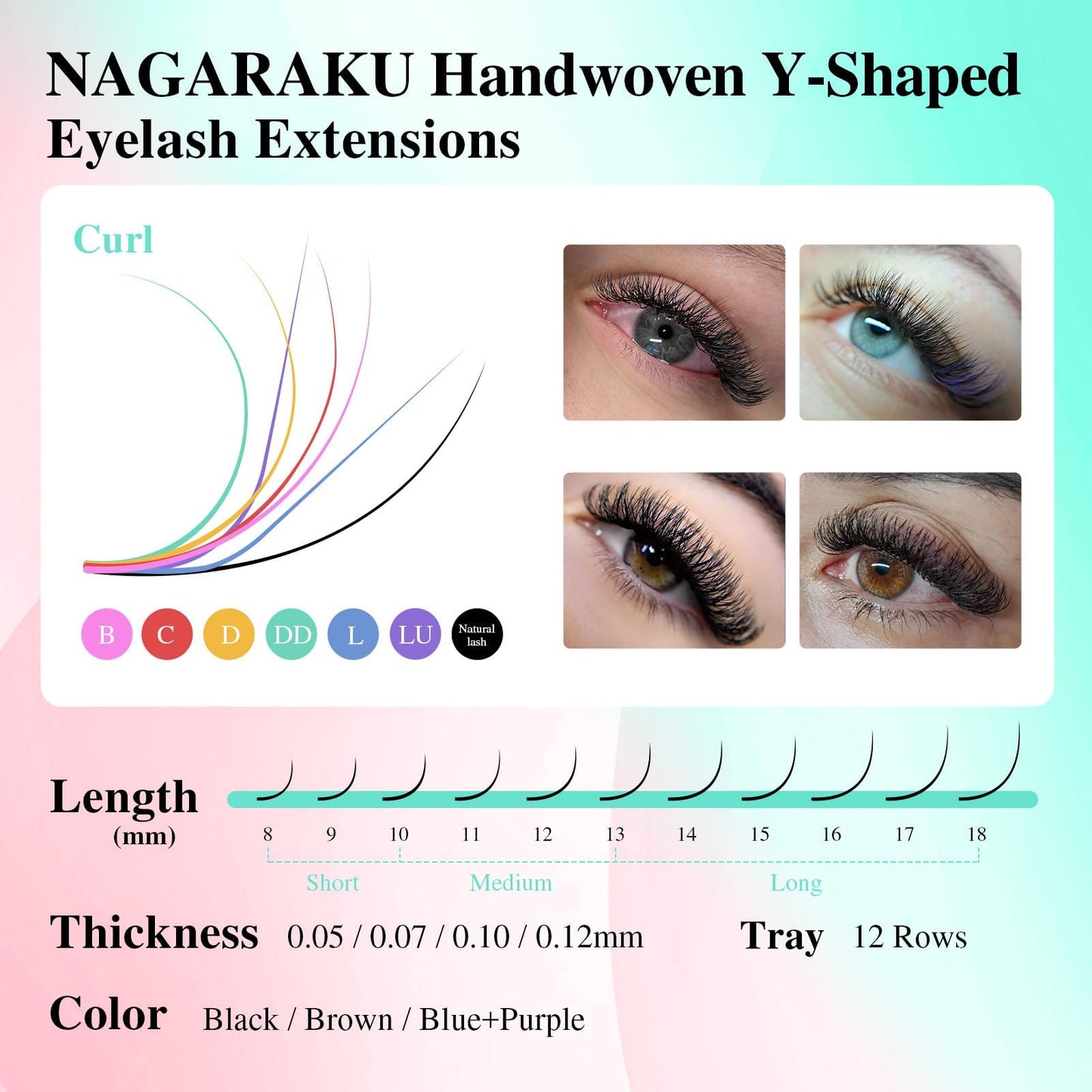 NAGARAKU 5 Trays yy Eyelash Extensions y lash 0.07mm D curl 9/10/11/12/13mm in 1 pack Premade 4D Easy Fan Russian Volume Cluster Faux Mink Matte Black 12 rows